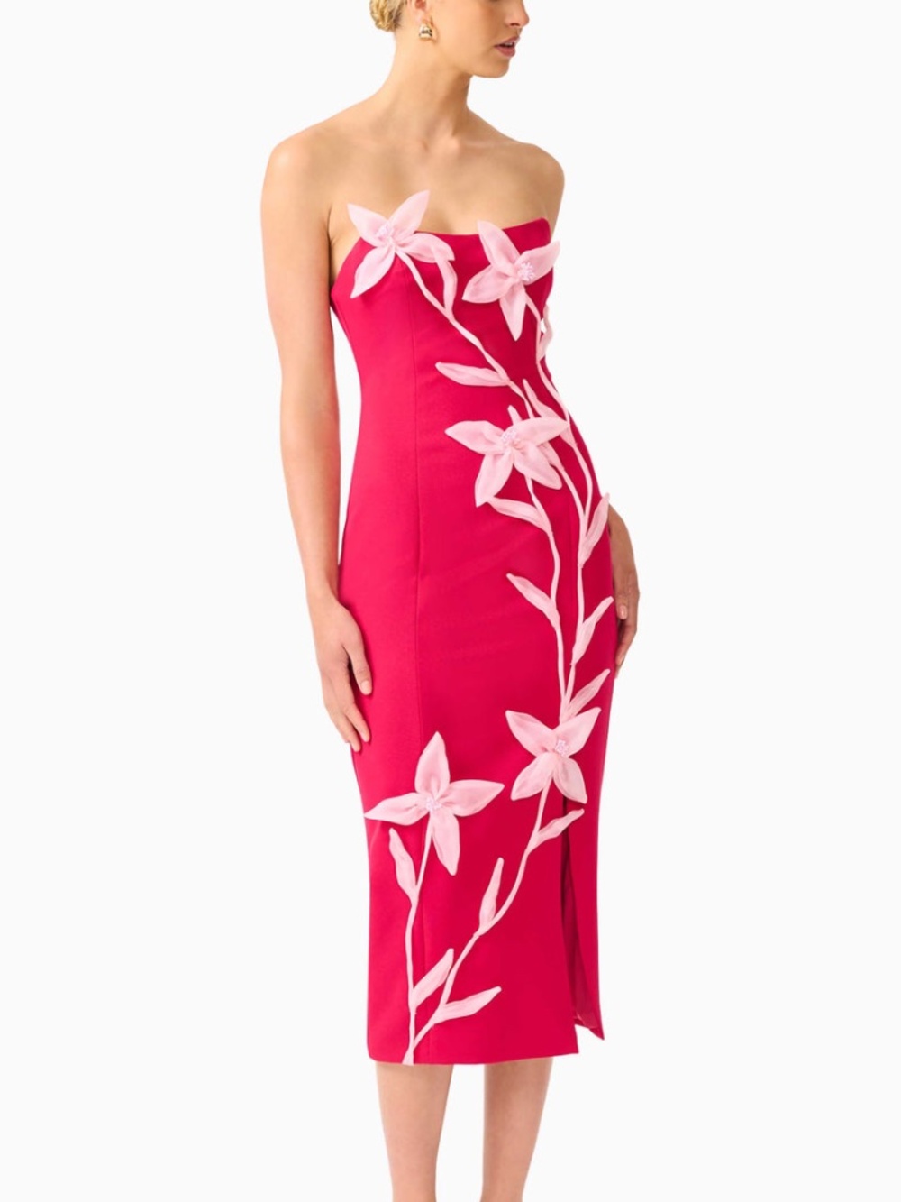 Elliatt Ilaria Strapless Midi Dress Red Floral Appliqué Pink 3D Flower- Small